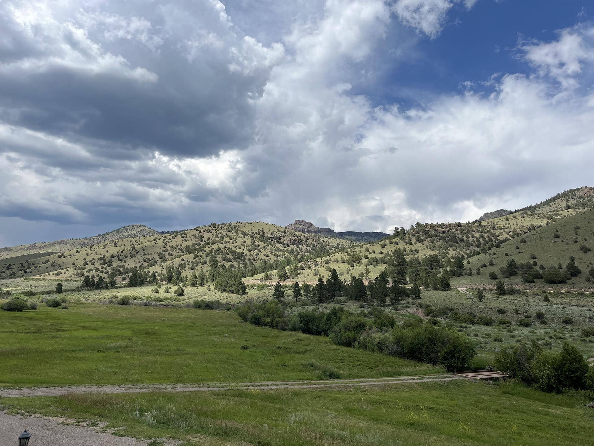Rolling hillside meadow with scattered trees under a moody, cloud-filled sky; green foreground with distant rocky hills.