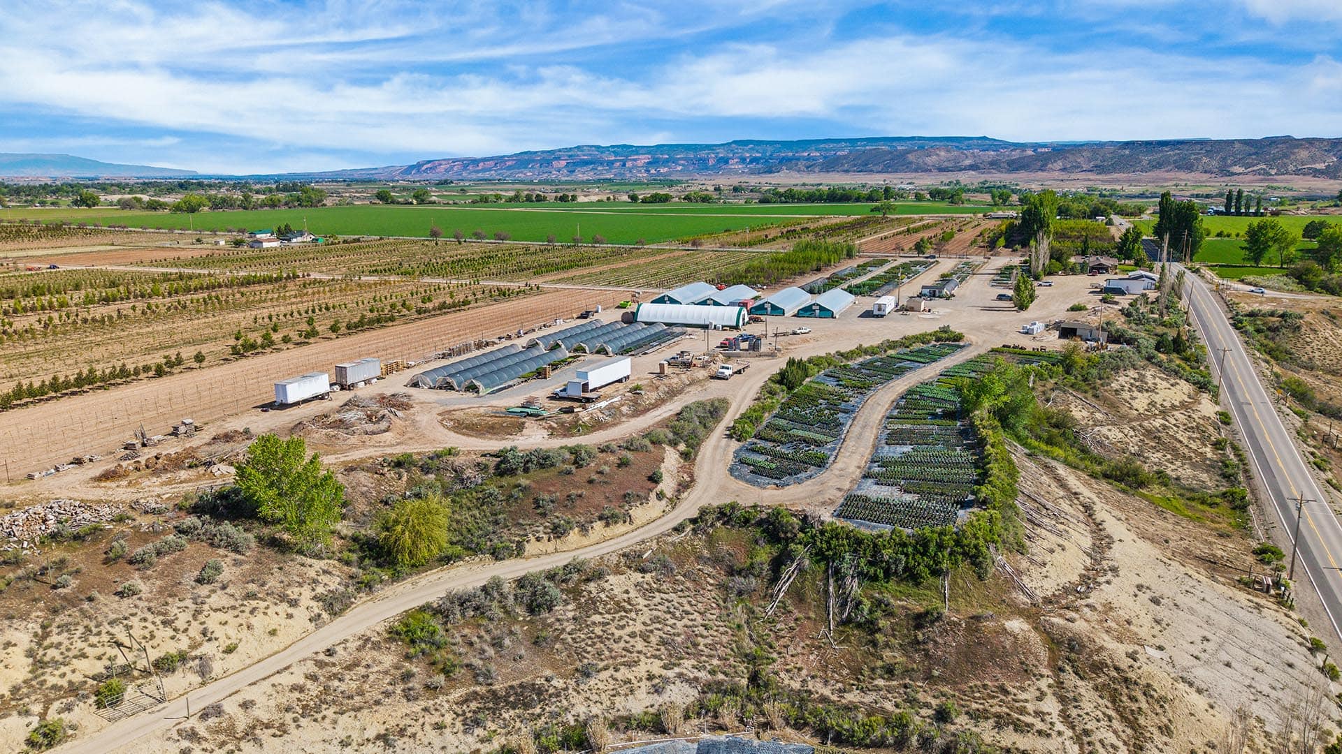 Aerial view of a farm showing greenhouses, organized crop rows, and a road along the edge of the property with distant hills on the horizon.