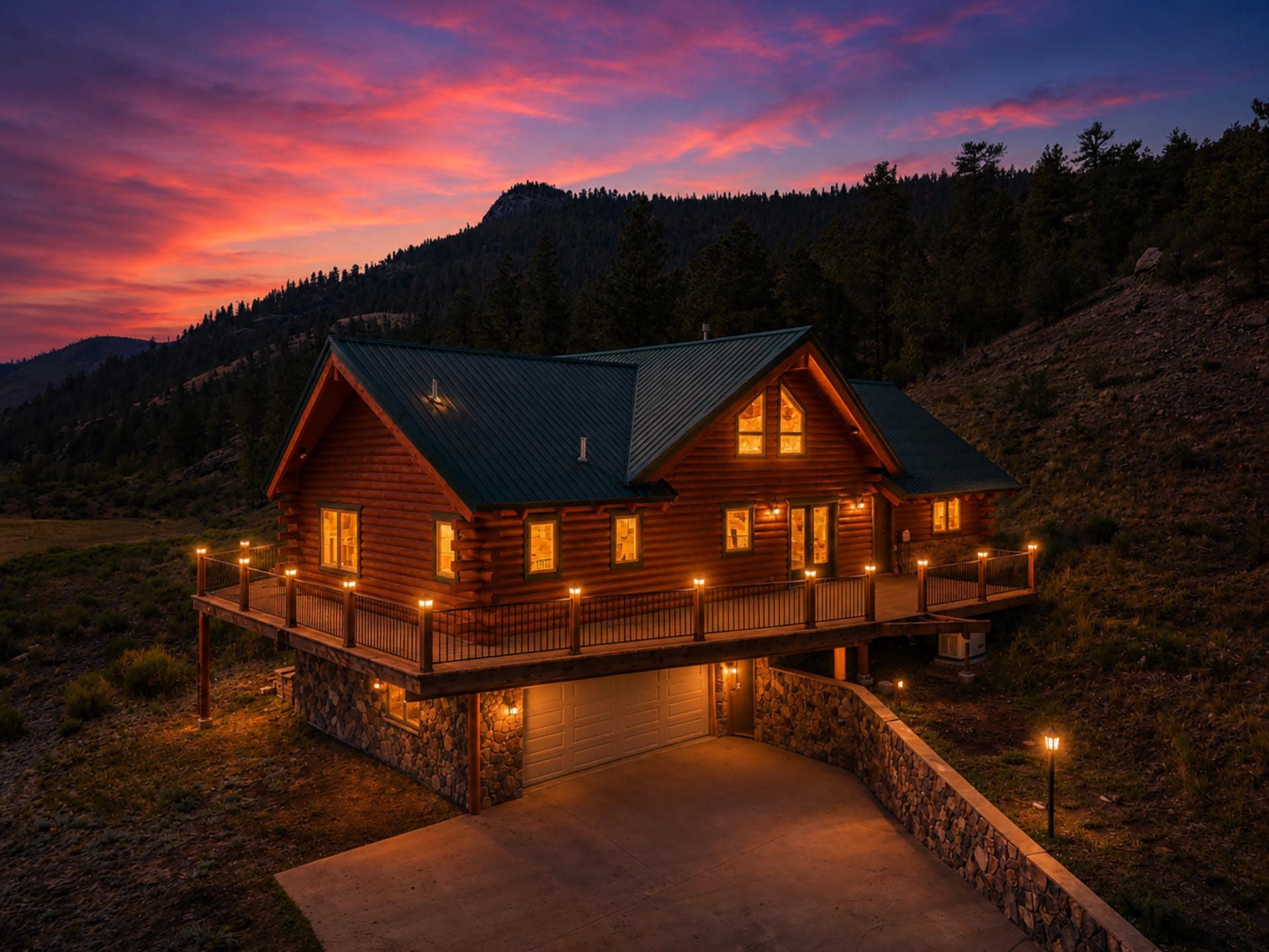 Cozy log cabin on a hillside at dusk, warm lights glow from windows, forested slope in the background under a pink-orange sunset.