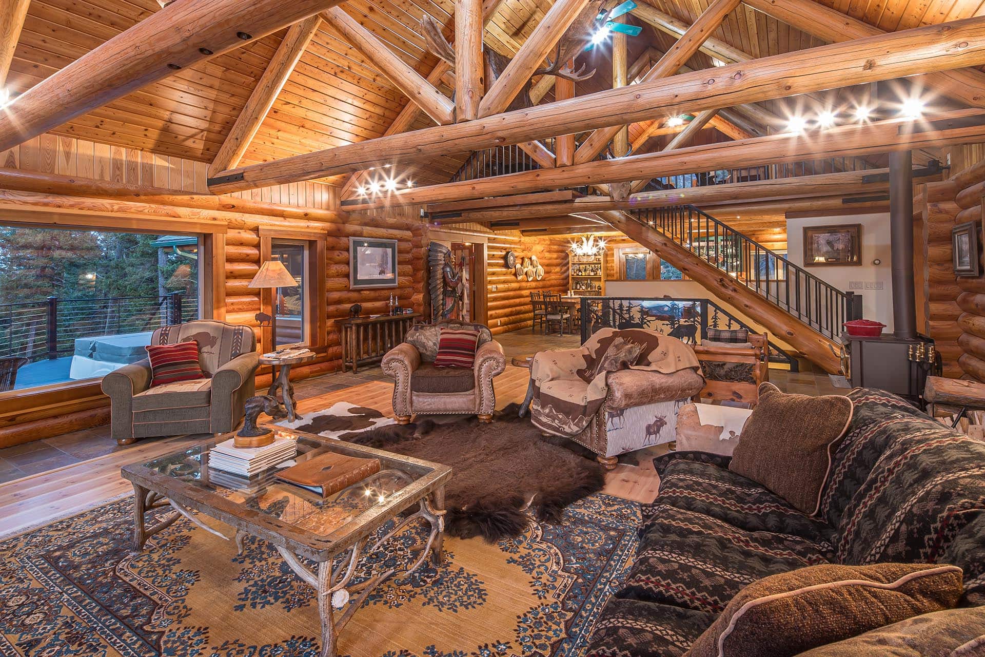 log home great room with hot tub view montana elk ranch