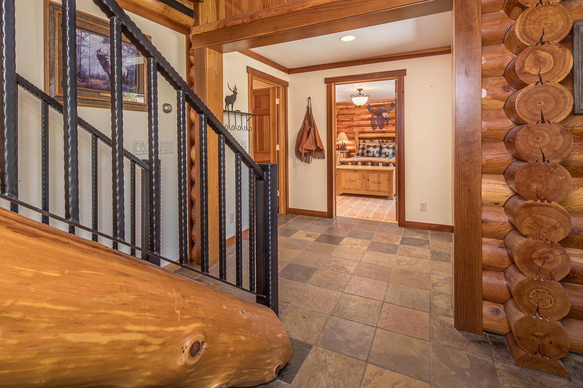 log home interior staircase design montana elk ranch