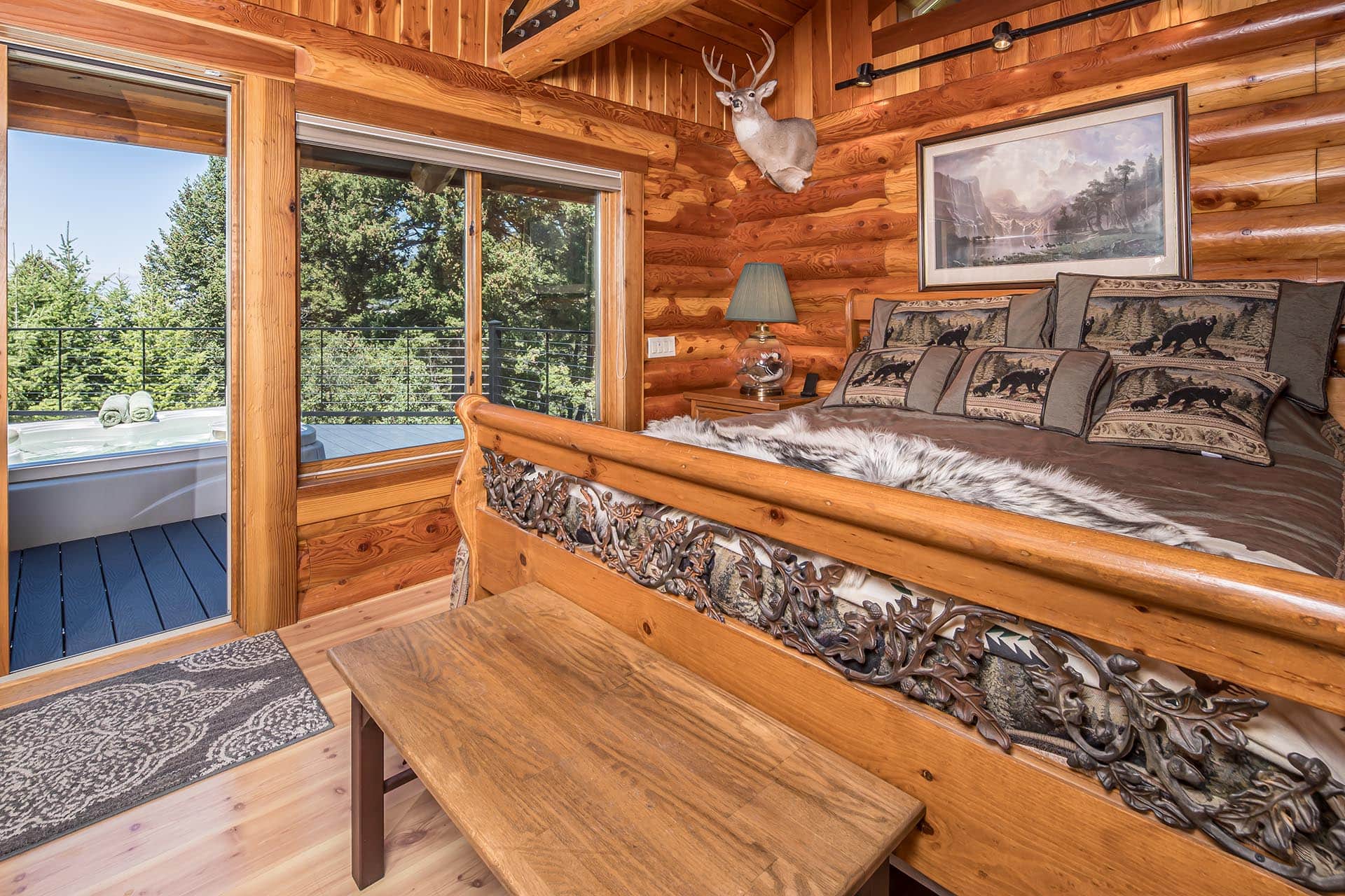 log home master bedroom hot tub montana elk ranch