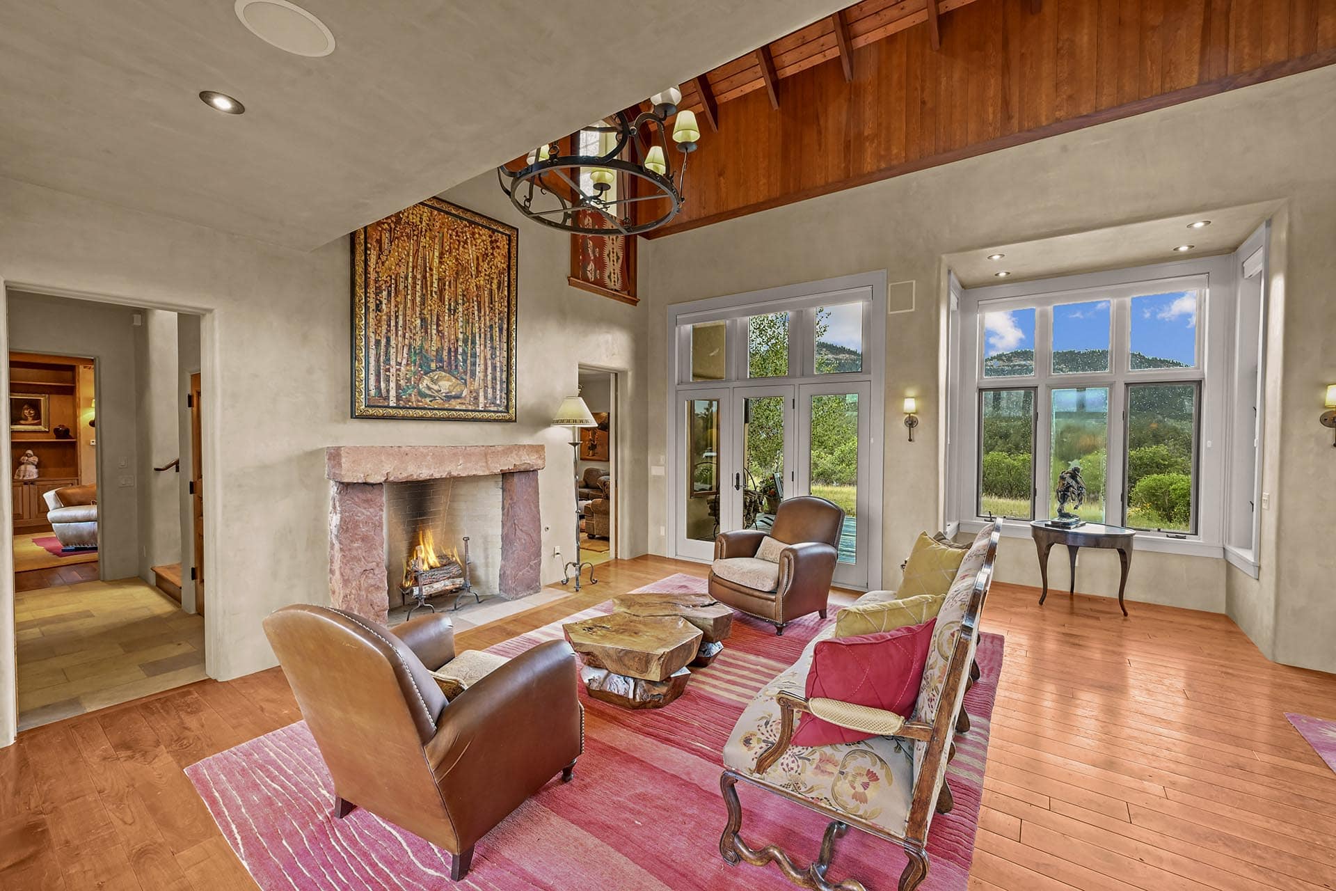 luxury living room with stone fireplace residential estate property for sale colorado endless vista ranch