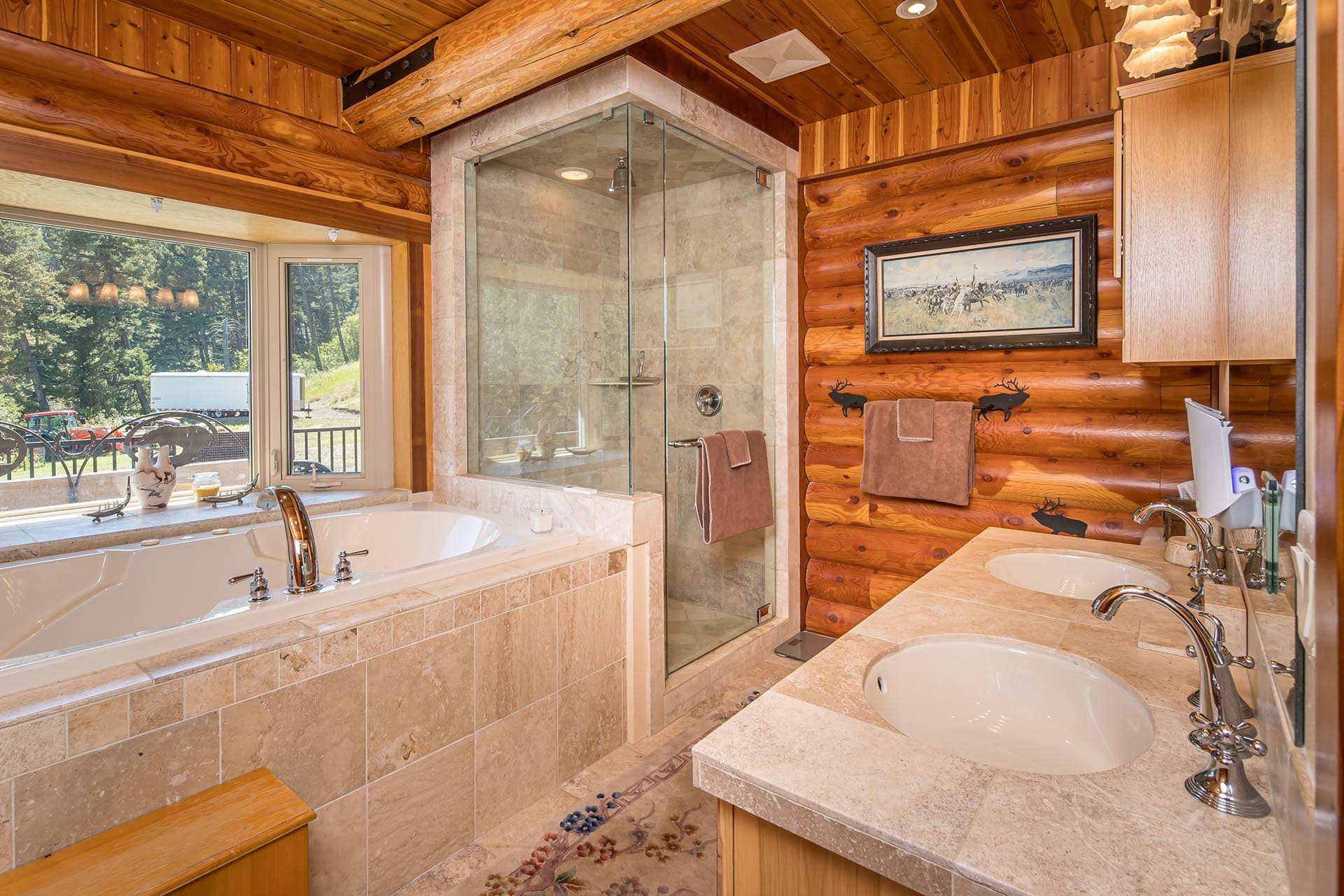 luxury log home bathroom montana elk ranch
