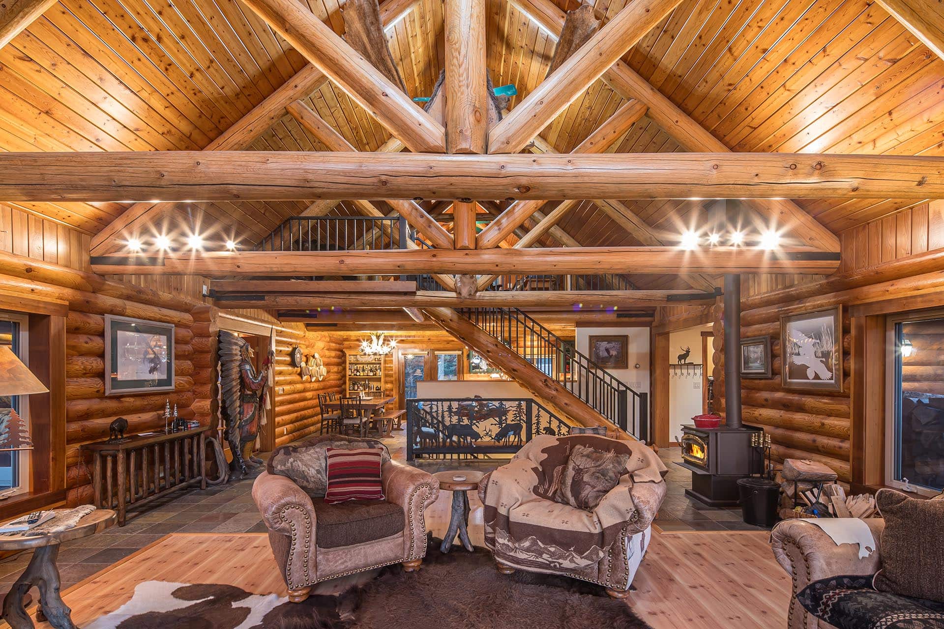luxury log home living room montana elk ranch
