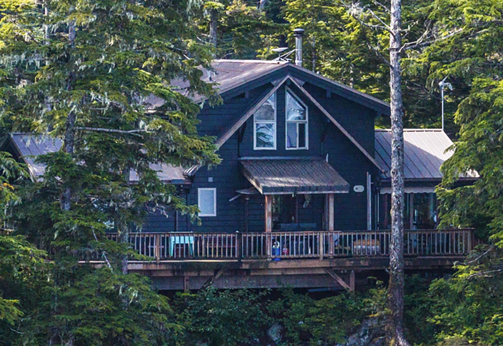 Dark blue cabin with a peaked roof nestled among dense evergreen trees, a wooden deck and railing in a forest setting.