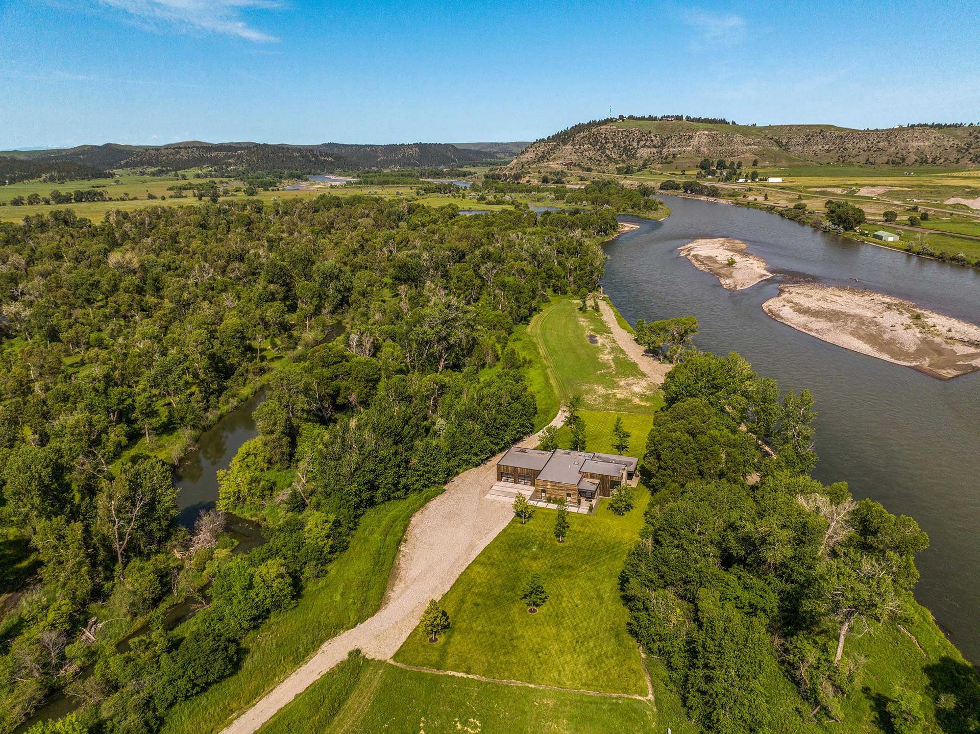 modern home river frontage montana stillwater-yellowstone confluence ranch