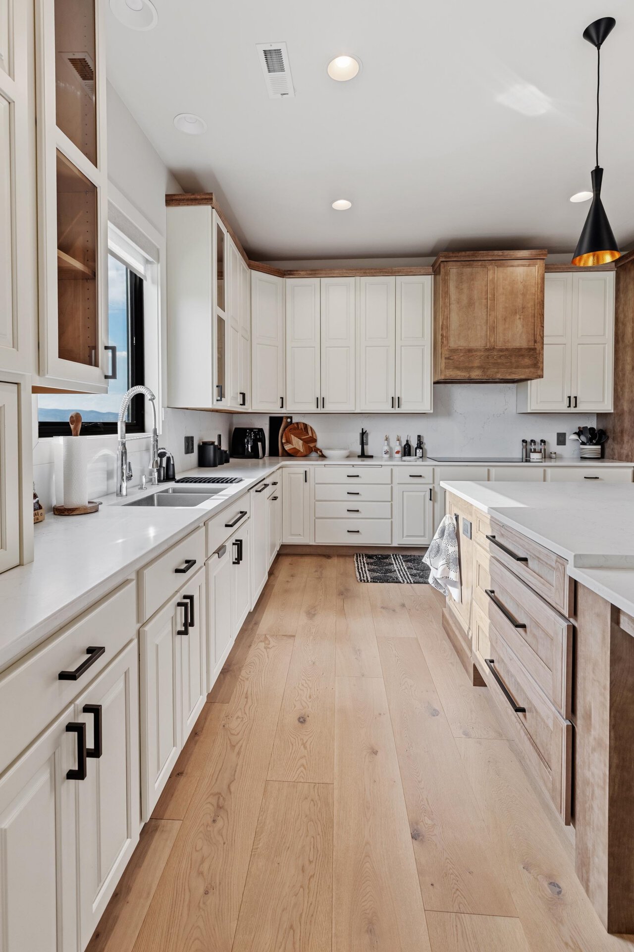 modern kitchen with mountain view montana hollowtop homestead