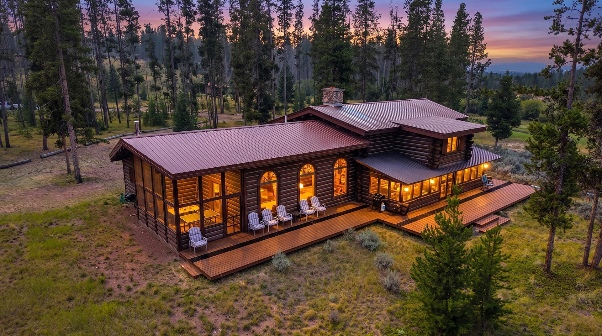 A log cabin in a forest at dusk with warm interior lights and a long wooden deck lined with chairs extending along the house.