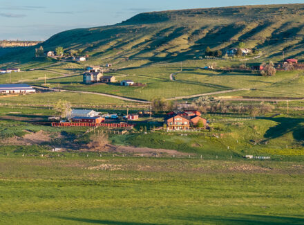 Wide rural hillside with scattered houses, green fields, and winding roads under a clear sky—a peaceful farm community seen from a distance.
