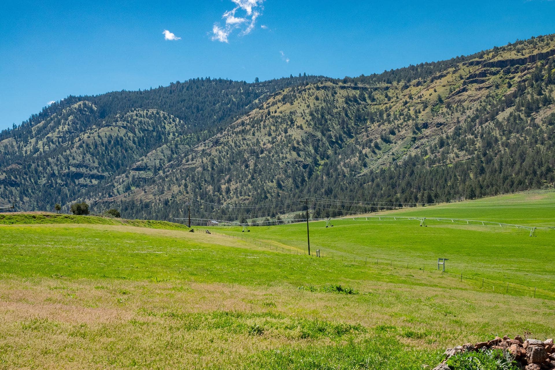 Wide rural landscape with green fields, irrigation sprinklers, and forested hills under a bright blue sky.