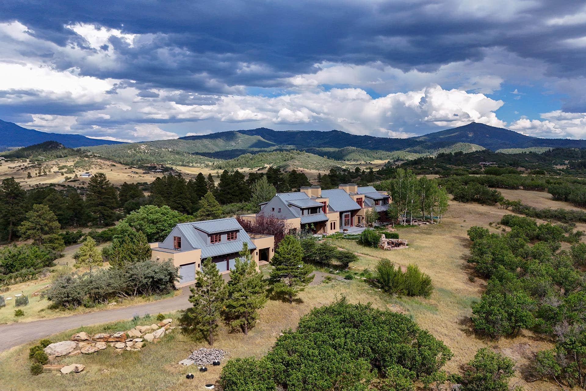 Modern houses with gray metal roofs nestled on a hillside with trees and dry grass, mountain range in the distance under a cloudy sky