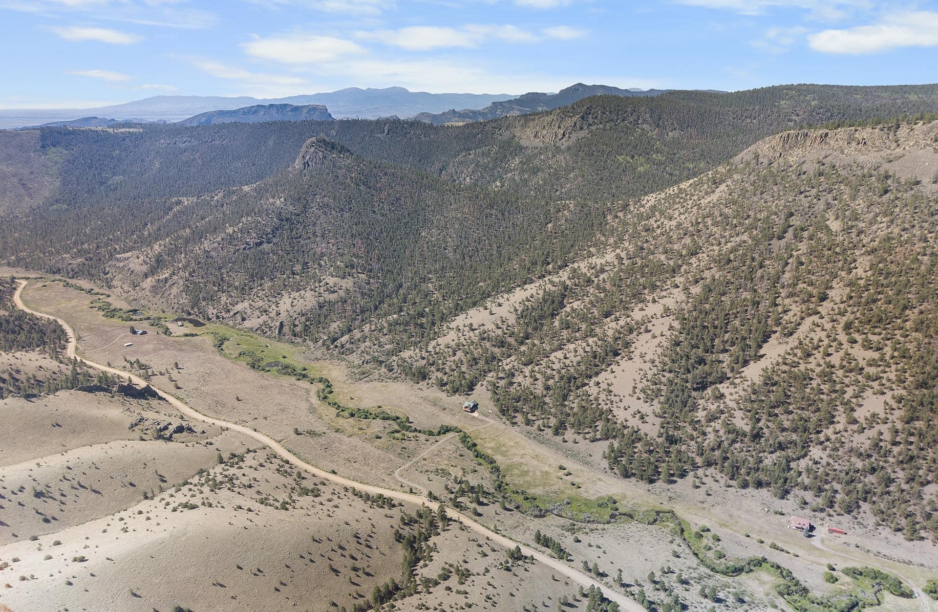 Aerial view of arid mountains with scattered pines, a winding dirt road, and a few buildings in the valley below