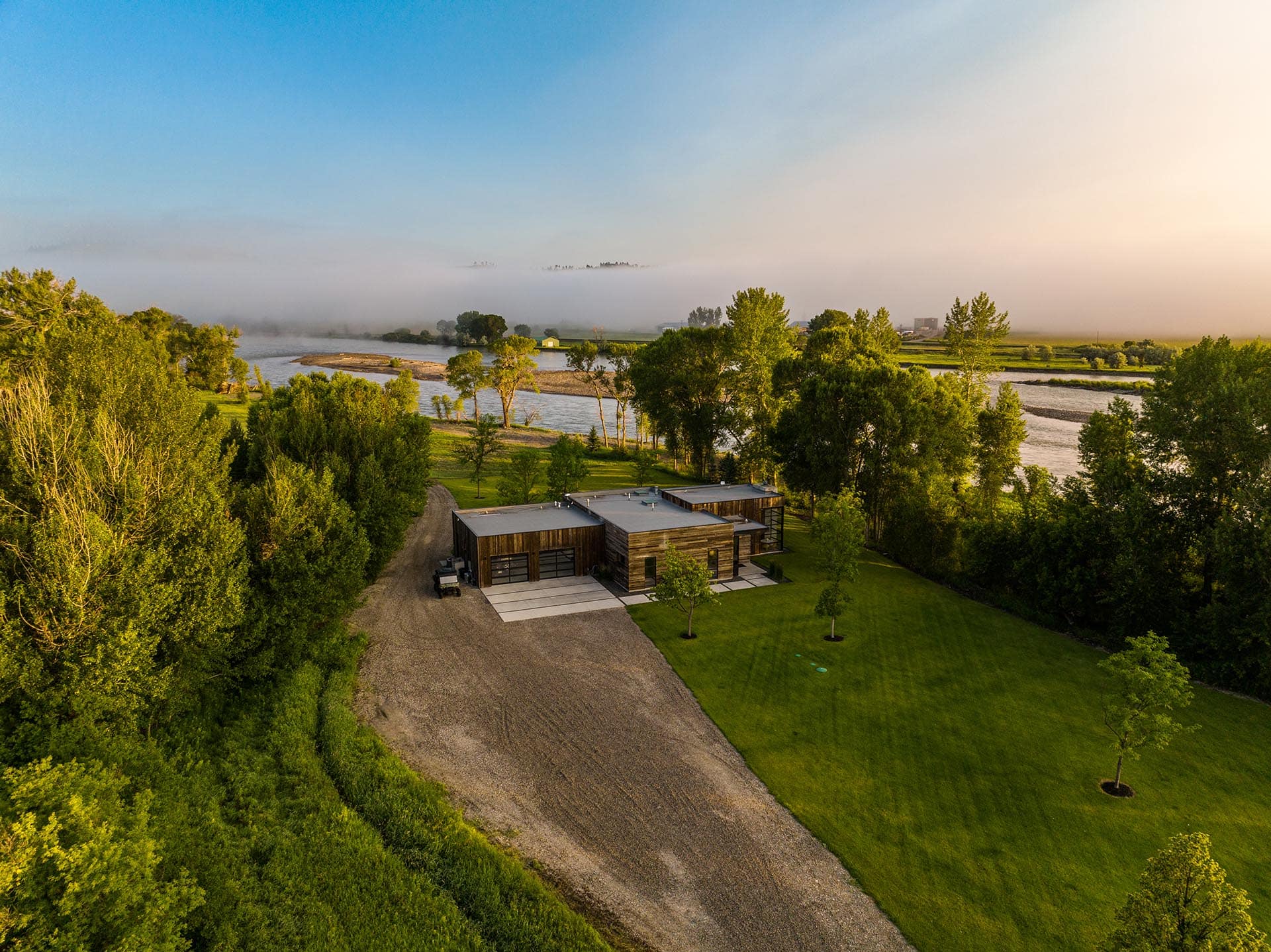 waterfront home aerial view montana stillwater-yellowstone confluence ranch