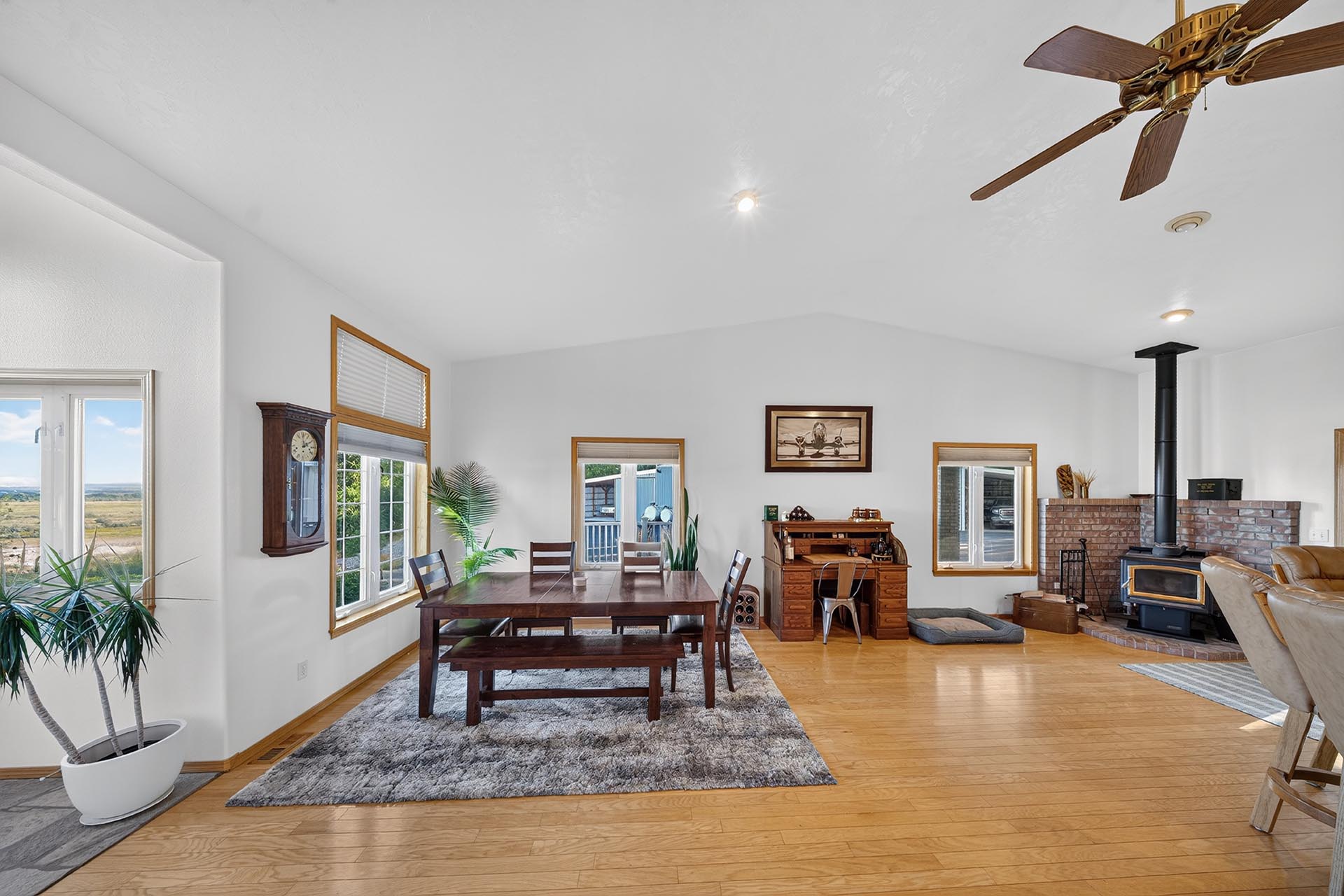 dining area with wood stove and rolltop desk idaho apple ridge farmstead
