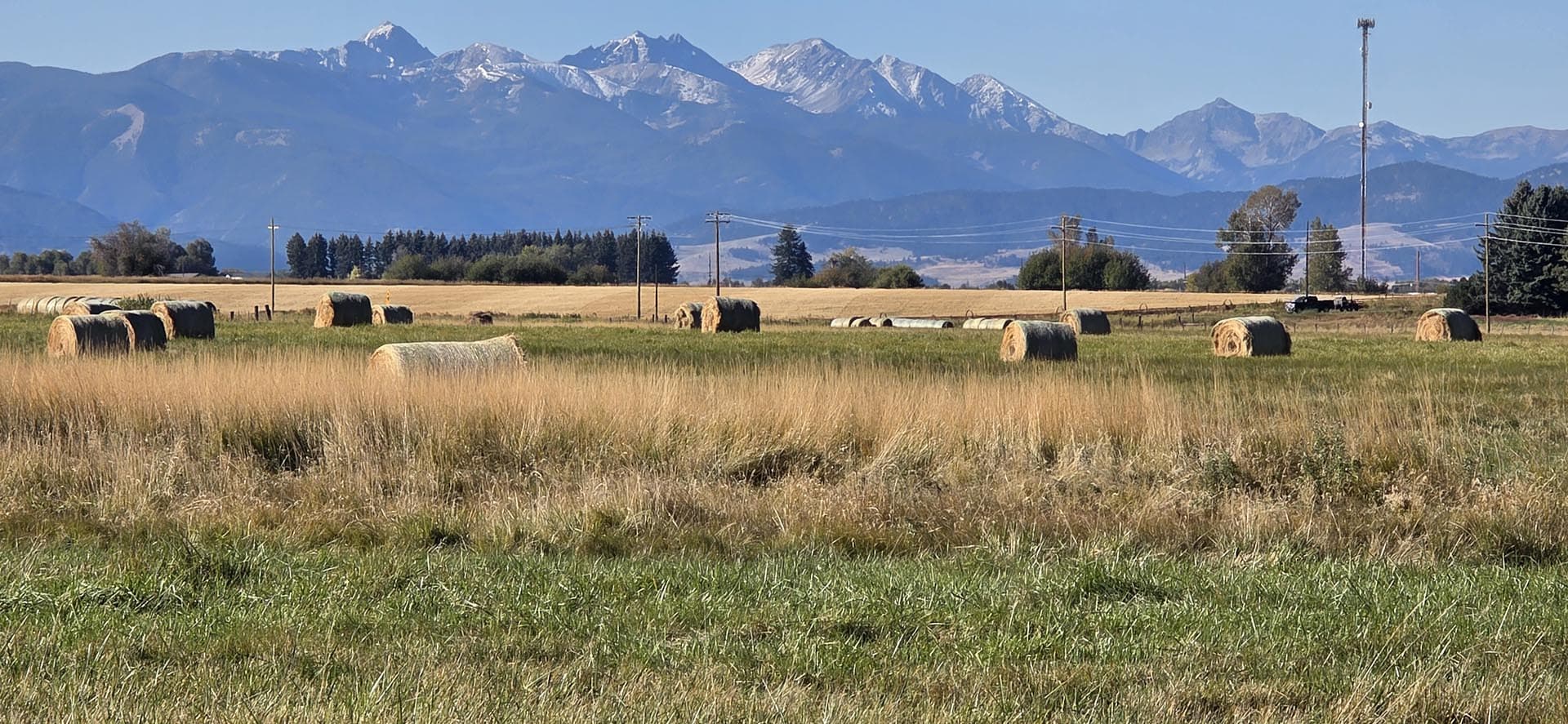 field with hay bales and mountain views montana west bozeman homestead