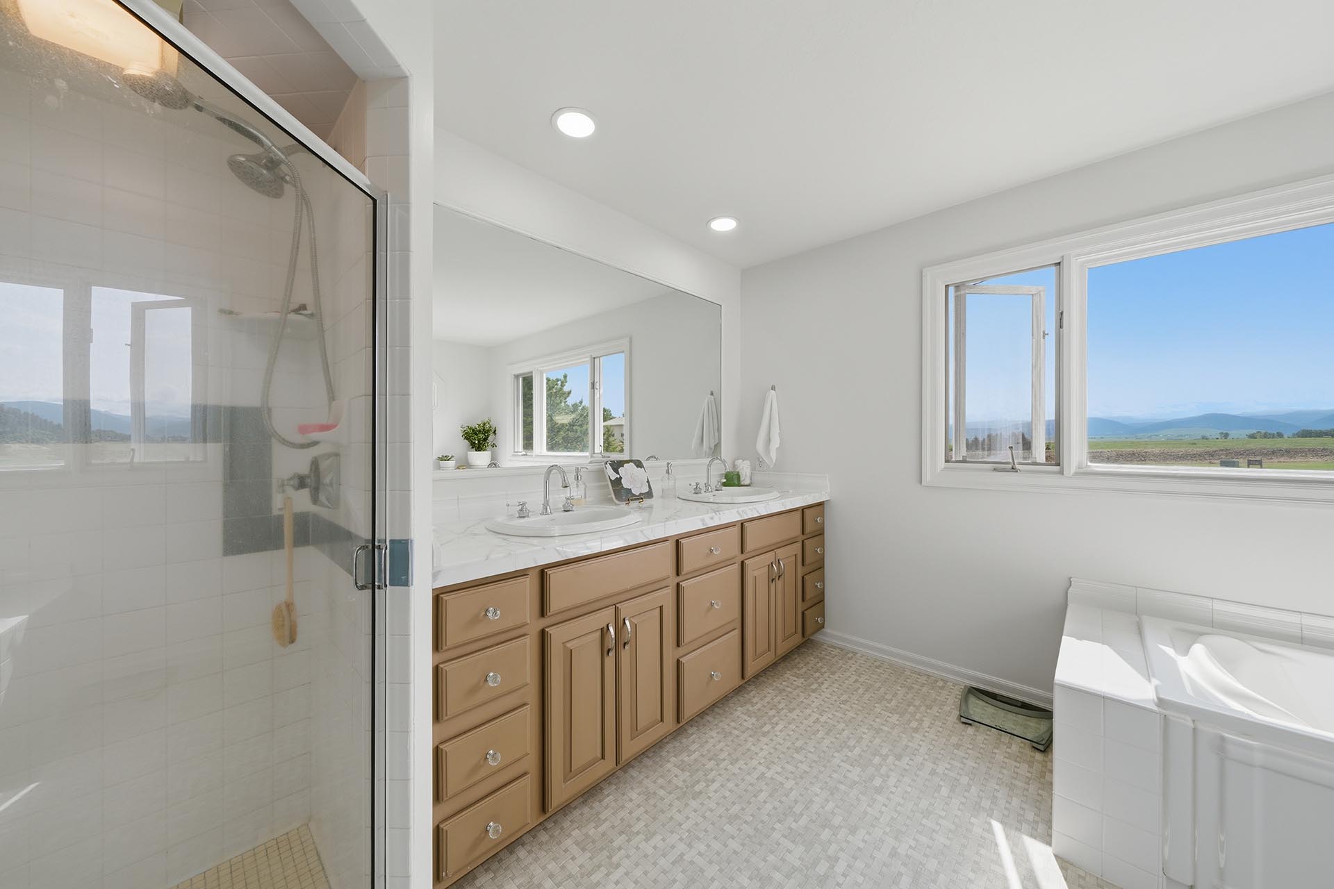luxury bathroom with mountain views montana trailcrest horse property