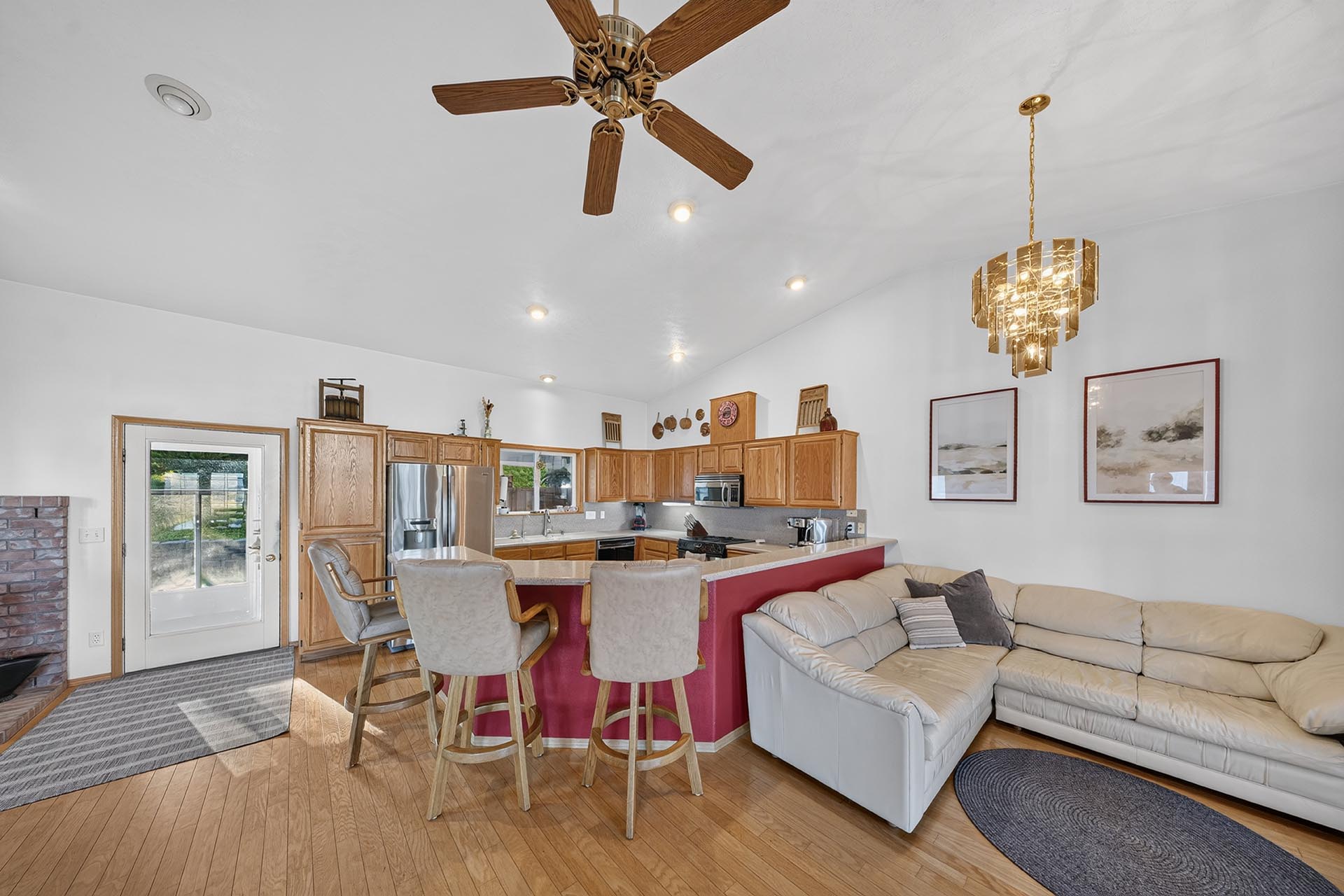open concept kitchen and living room seating idaho apple ridge farmstead