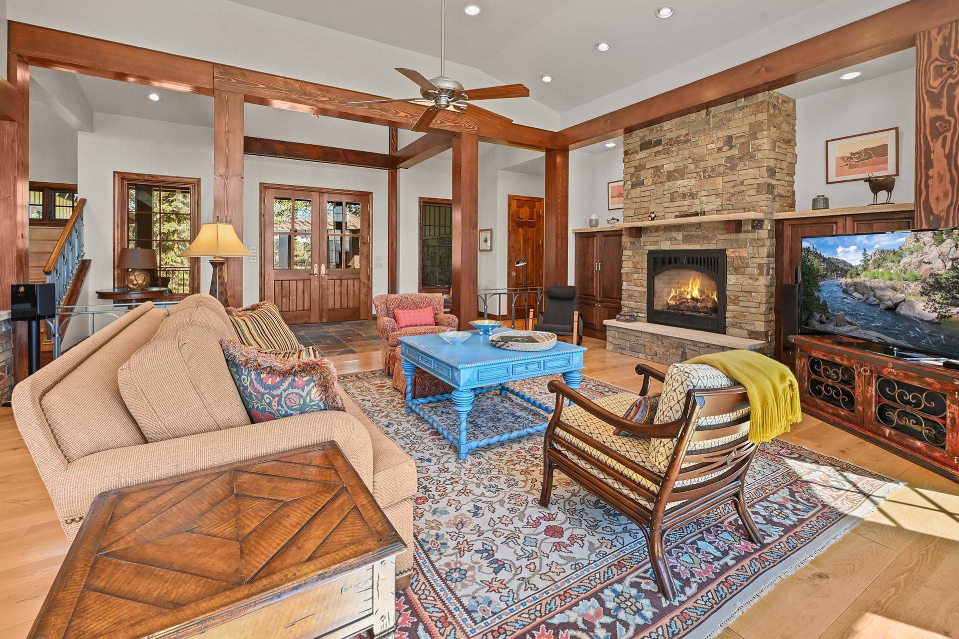 stone fireplace great room residential estate colorado collegiate peaks ranch