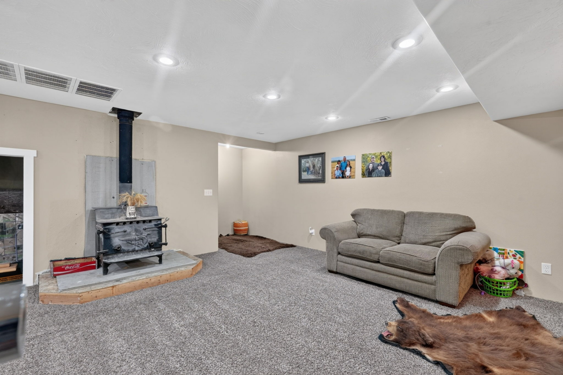 Rural Home Basement with Fireplace Idaho Sand Creek Farmstead