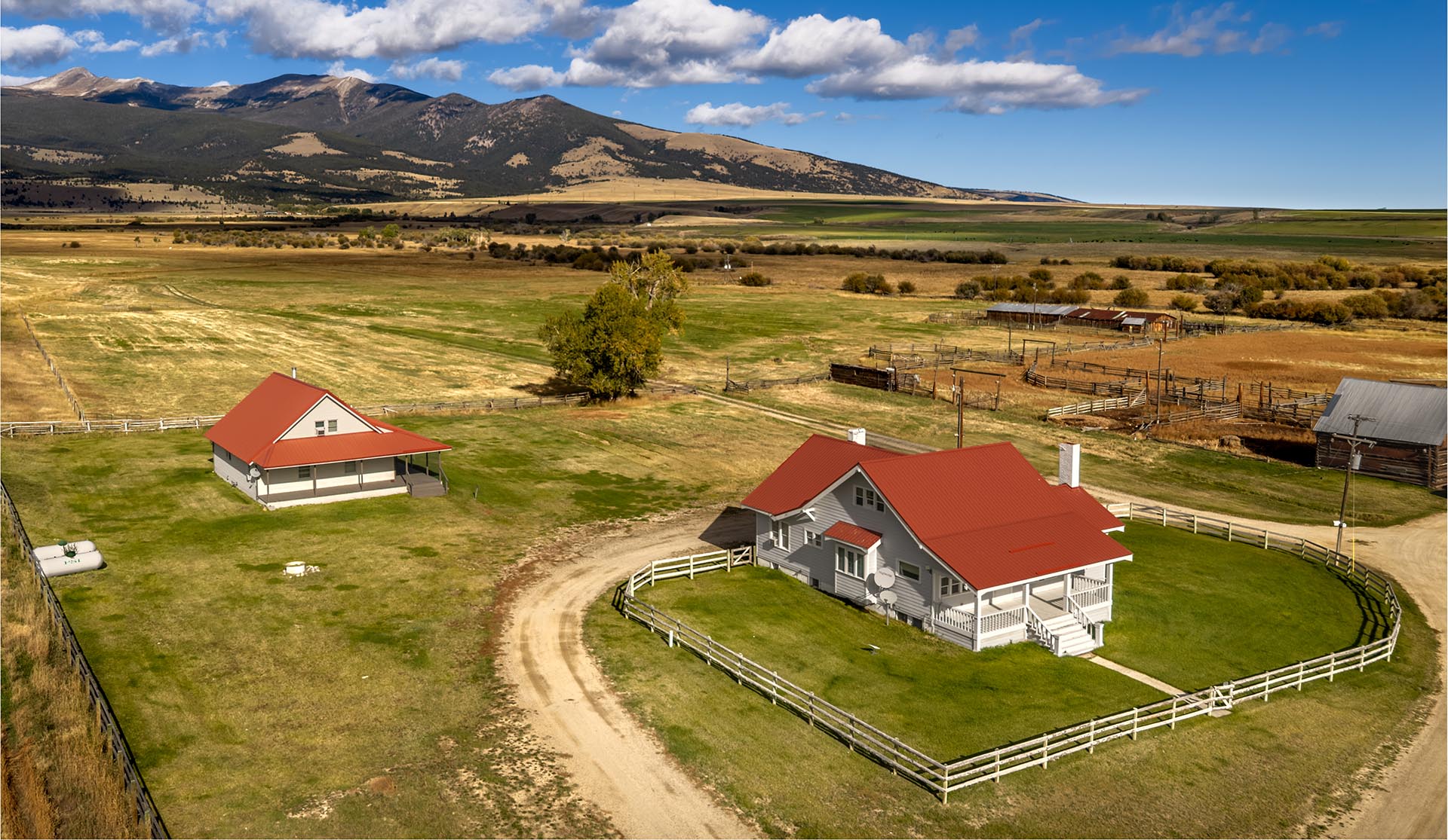 aerial view ranch headquarters and outbuildings montana dempsey lakes cattle ranch