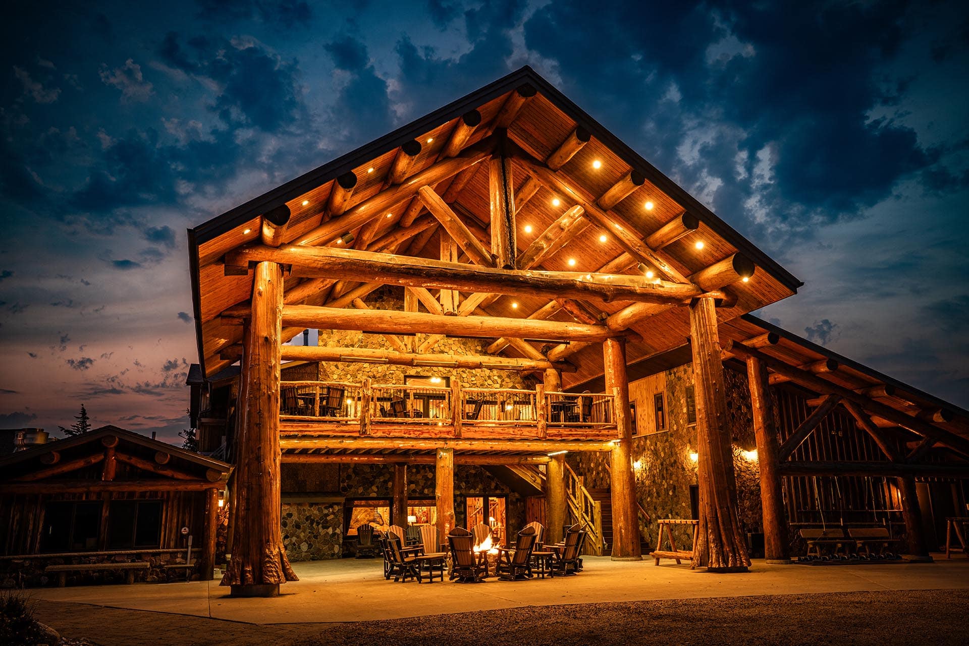 illuminated lodge exterior with fire pit land south dakota paul nelson farm