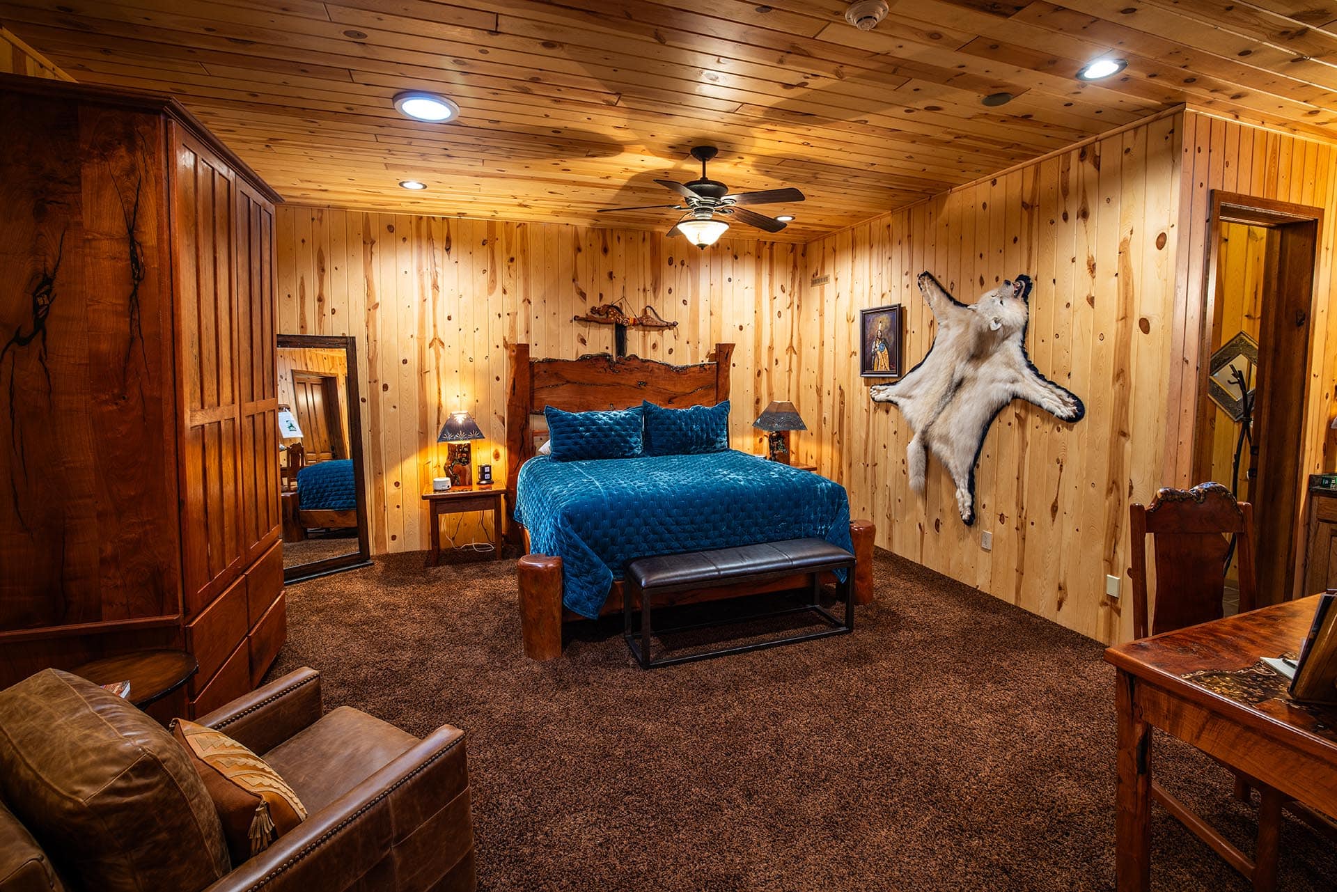 lodge bedroom with bear rug south dakota paul nelson farm